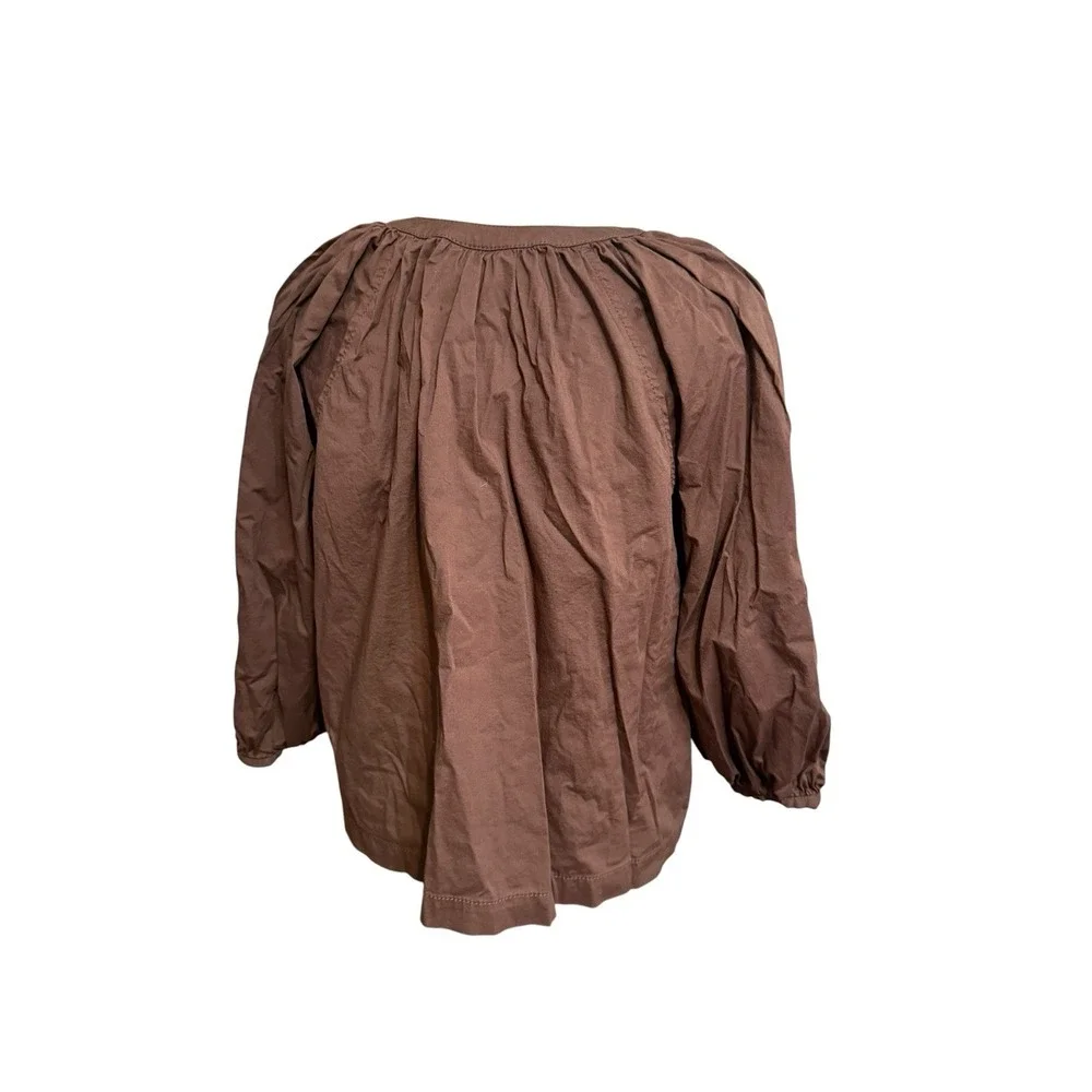 STAUD New Dill Top Brown Cotton Poplin Puff Sleeve Button Front Quiet Luxury L
